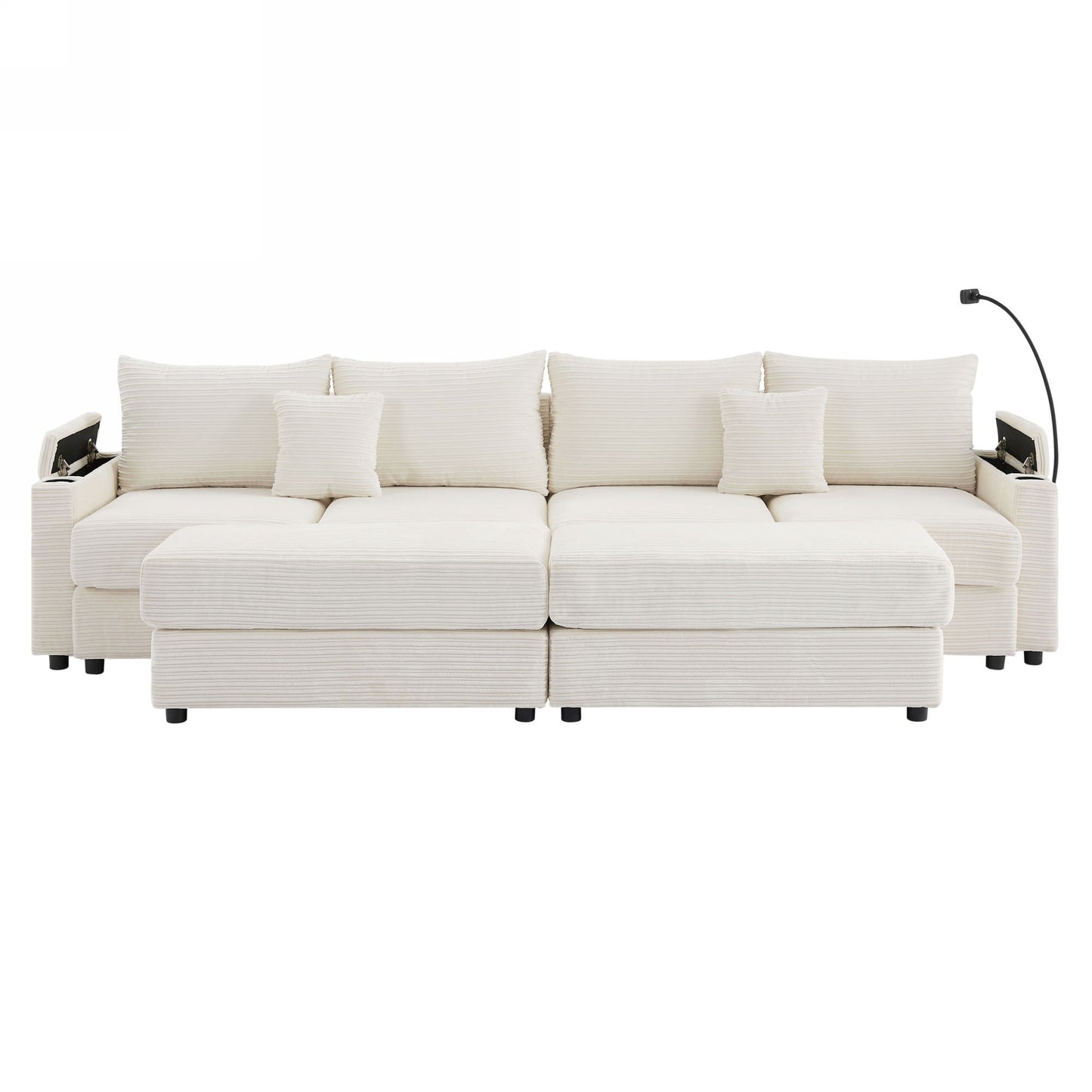 Modern Style 4 Seater Sofa Sectional Sofa Couch With Storage Space, Two Movable Ottomans, Two USB Ports, Two Cup Holders, A Phone Holder For Living Room - Beige