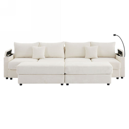 Modern Style 4 Seater Sofa Sectional Sofa Couch With Storage Space, Two Movable Ottomans, Two USB Ports, Two Cup Holders, A Phone Holder For Living Room - Beige