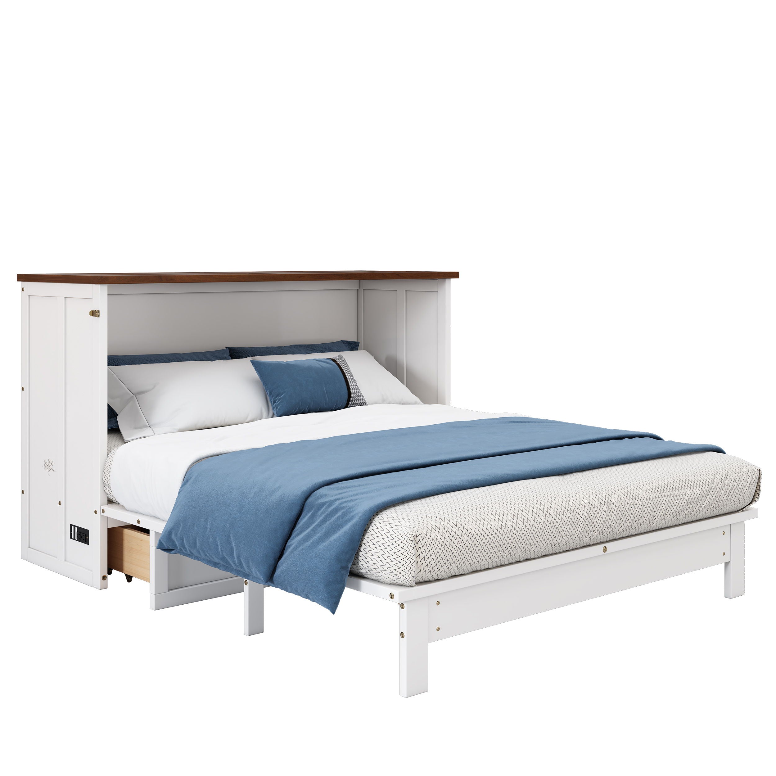 Queen Solid Pine Murphy Bed Chest With Charging Station And Large Storage Drawer For Home Office Or Small Room - White / Walnut