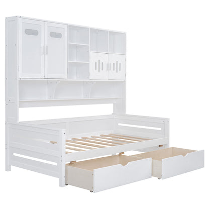 Twin Size Daybed With 2 Drawers And All In One Cabinet And Shelf - White