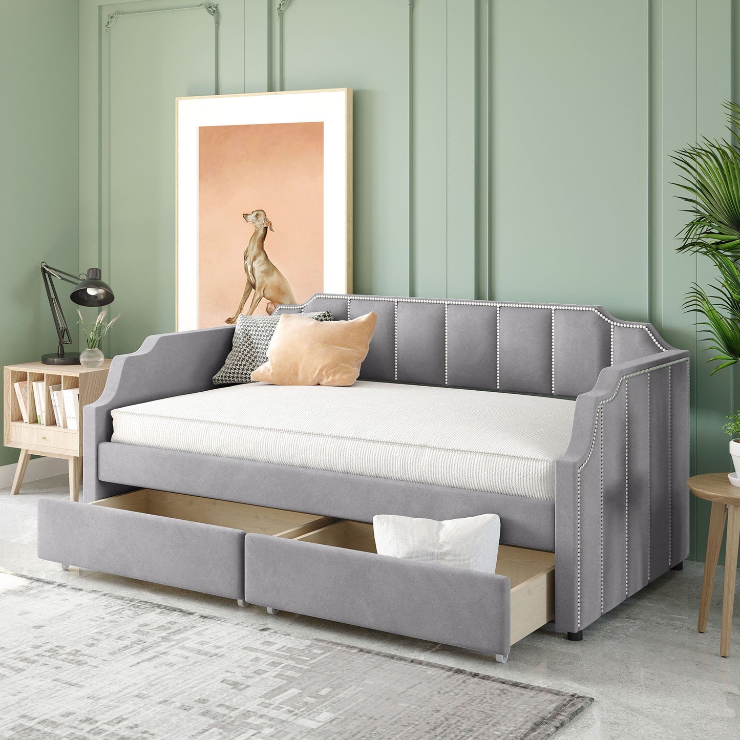 Twin Size Upholstered Classic Daybed With Drawers, Slat Support - Gray