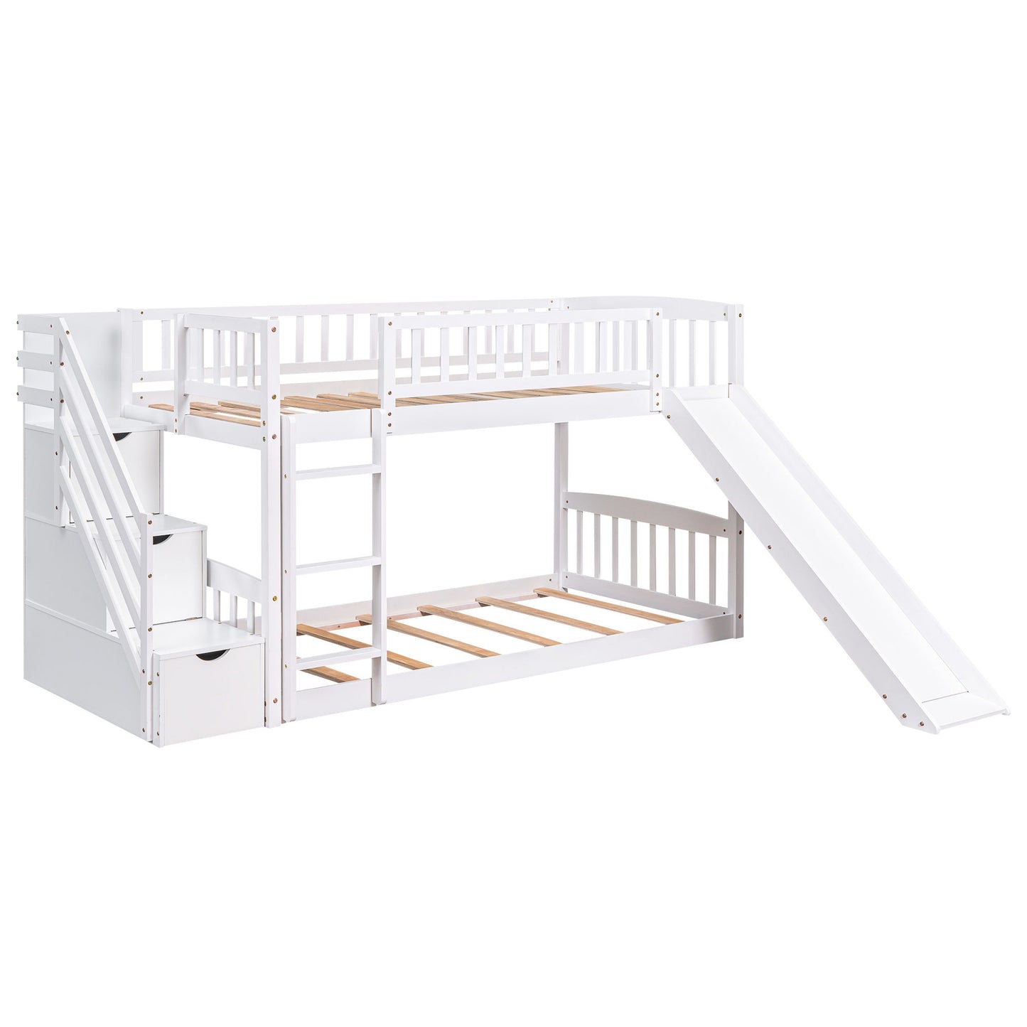 Twin Over Twin Stairway Bunk Bed & Two Drawers And Slide - White