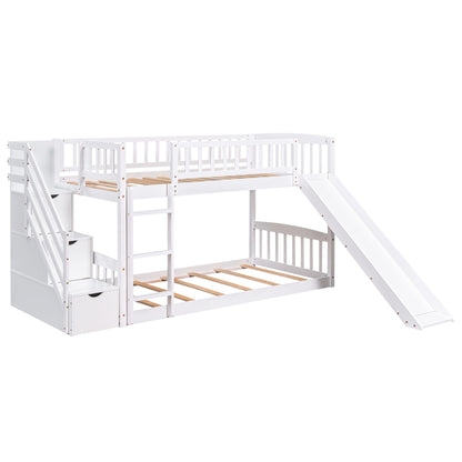 Twin Over Twin Stairway Bunk Bed & Two Drawers And Slide - White