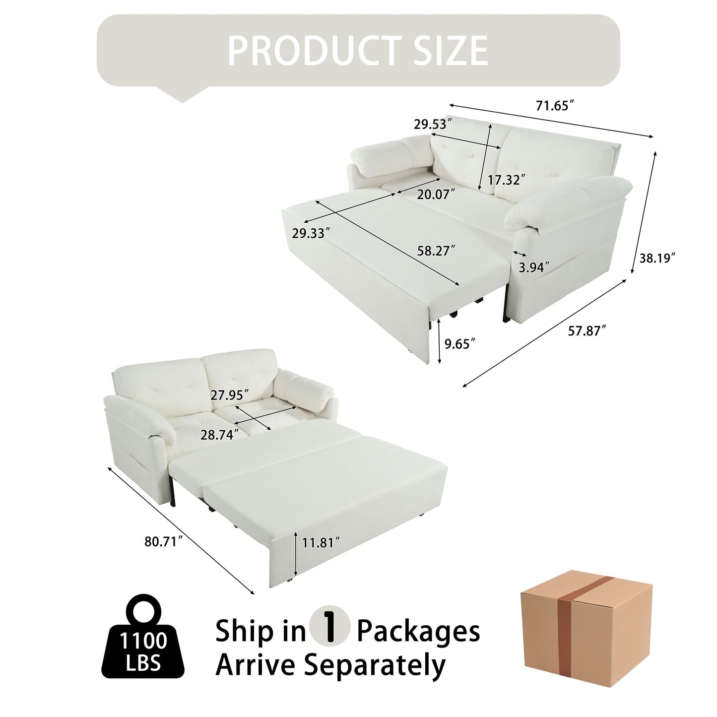 Modern Convertible Sleeper Sofa Bed With Pull Out Queen Design, Side Storage & Thick Cushions Chenille Loveseat For Living Room Or Bedroom 3 In 1 Function - Beige