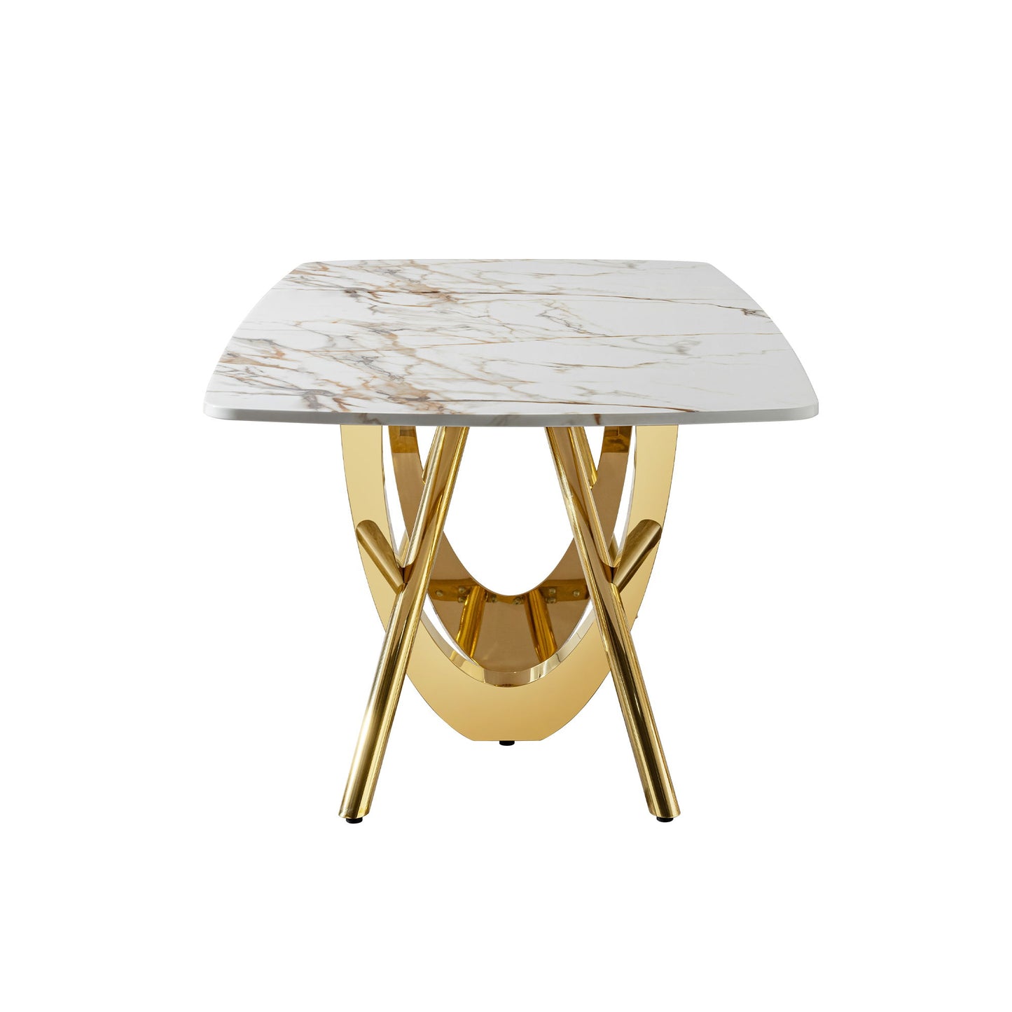 Marble Pattern Dining Table With Stainless Steel Base, Rectangular, Seats 6 Or 8 - Gold