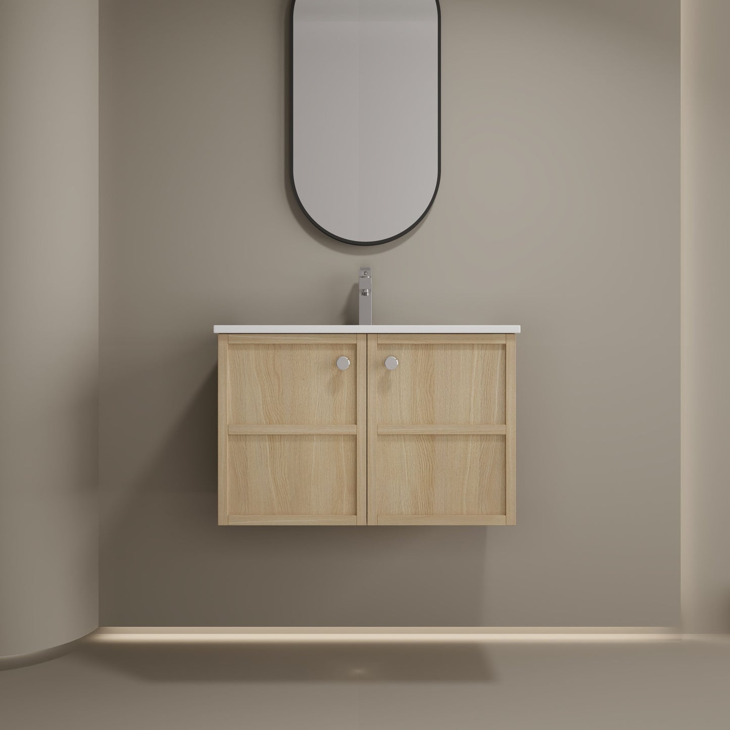 Modern Wall Mounted 30" Bathroom Vanity With Ceramic Sink And Soft Closing Doors - Oak