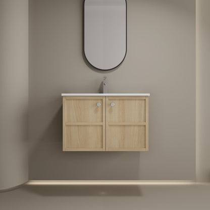Modern Wall Mounted 30" Bathroom Vanity With Ceramic Sink And Soft Closing Doors - Oak