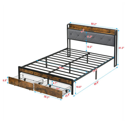 Modern Queen Bed Frame With LED Lights, Storage Drawers, USB & Charging StationUpholstered Headboard, & Iron - Gray