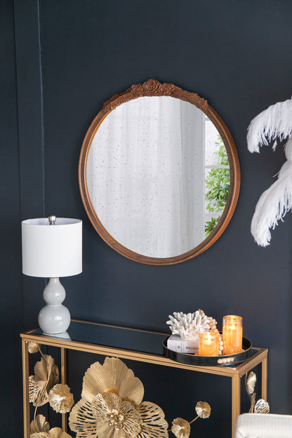Round Hand Carved Rose Antique Mirror Frame, Wall Mirror For Live Space, Bathroom, Entryway Wall Decor - Brown