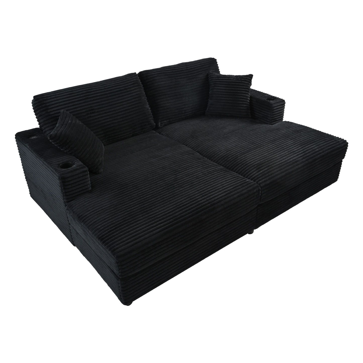 Oversized Loveseat Chaise Lounge Sectional Sofa Bed Corduroy Sleeper Sofa With 2 USB Ports, 2 Cup Holders And 2 Throw Pillows For Living Room And Bedroom - Black