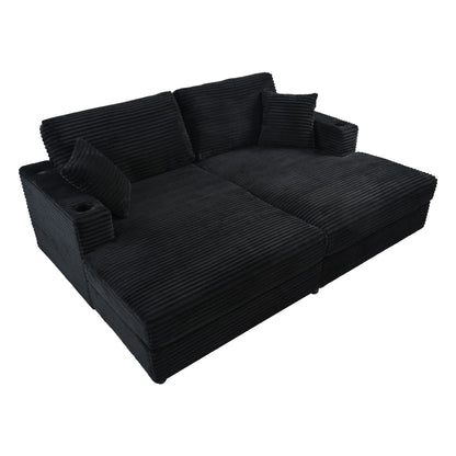 Oversized Loveseat Chaise Lounge Sectional Sofa Bed Corduroy Sleeper Sofa With 2 USB Ports, 2 Cup Holders And 2 Throw Pillows For Living Room And Bedroom - Black