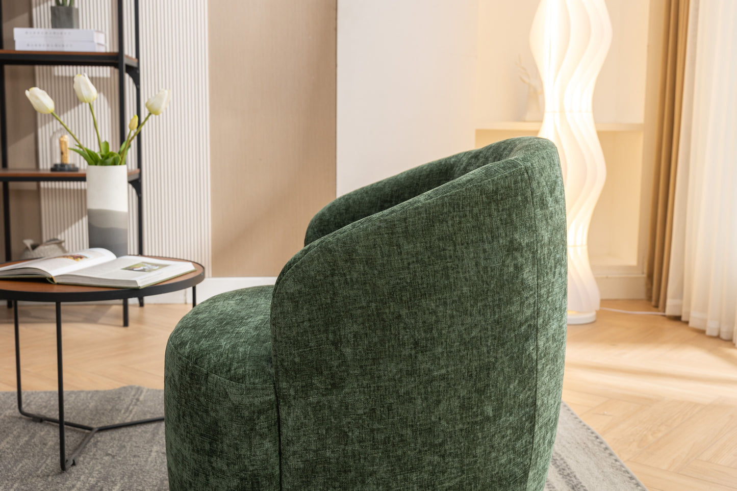 Chenille Fabric Swivel Accent Armchair Barrel Chair With Black Powder Coating Metal Ring - Green
