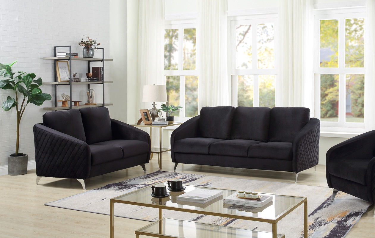 Sofia - Velvet Fabric Sofa, Loveseat Living Room (Set of 2) - Black