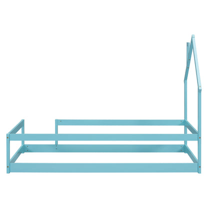 Twin Size Wood Bed With House-Shaped Headboard Floor Bed With Fences - Light Blue