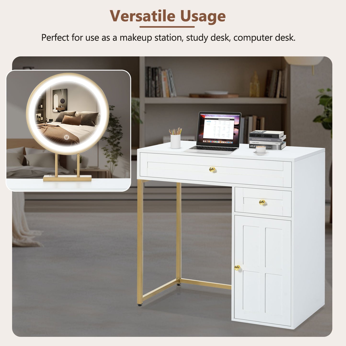 Makeup Vanity Desk With Lighted Mirror, Luxury Dressing Table With 2 Drawers And 1 Cabinet, 3 Lighting Modes Available For Bedroom - White / Gold