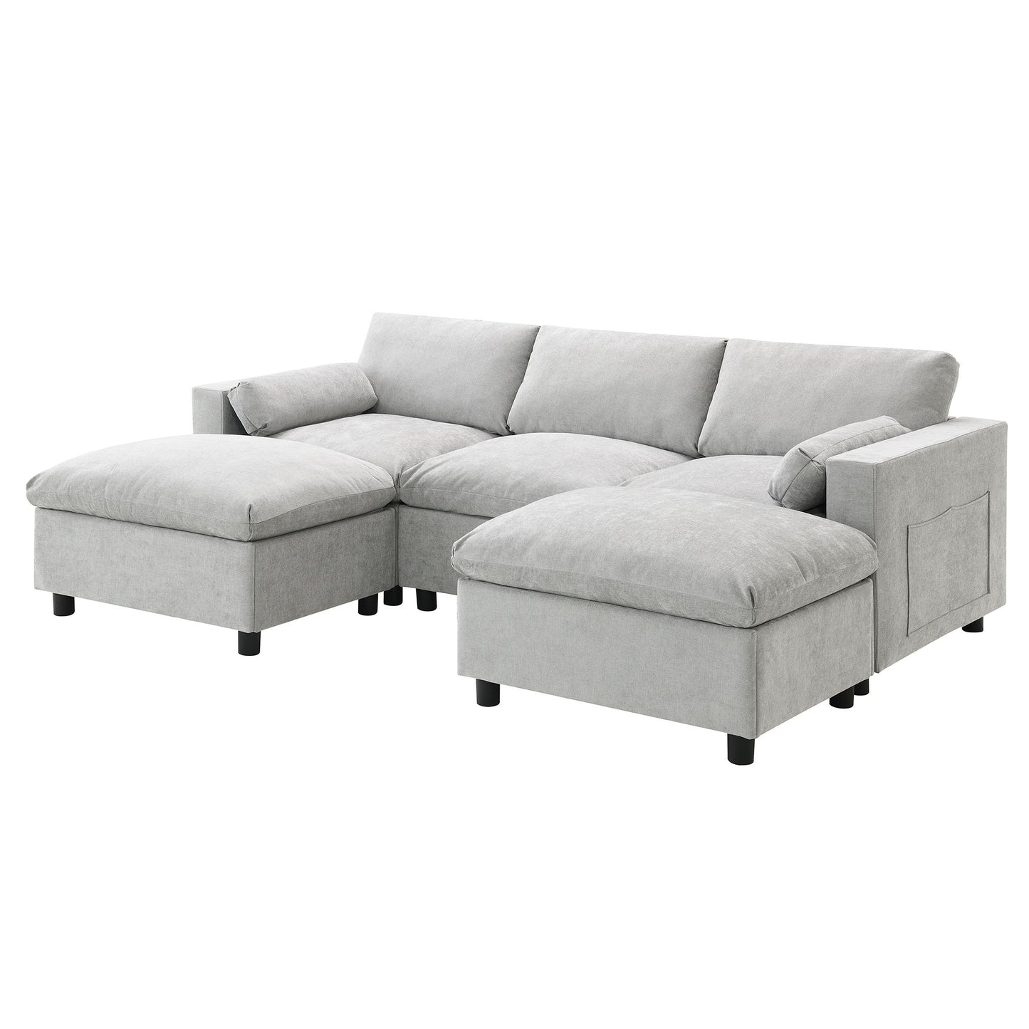 Modular Sectional With Storage Pockets, 5 Seat U Shaped Couch Set With Pillows, Free Combination Modern Cloud Sofa With 2 Movable Ottoman - Medium Gray