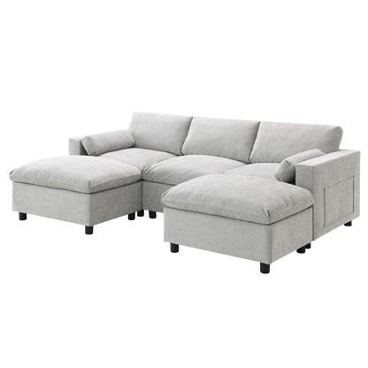 Modular Sectional With Storage Pockets, 5 Seat U Shaped Couch Set With Pillows, Free Combination Modern Cloud Sofa With 2 Movable Ottoman - Medium Gray