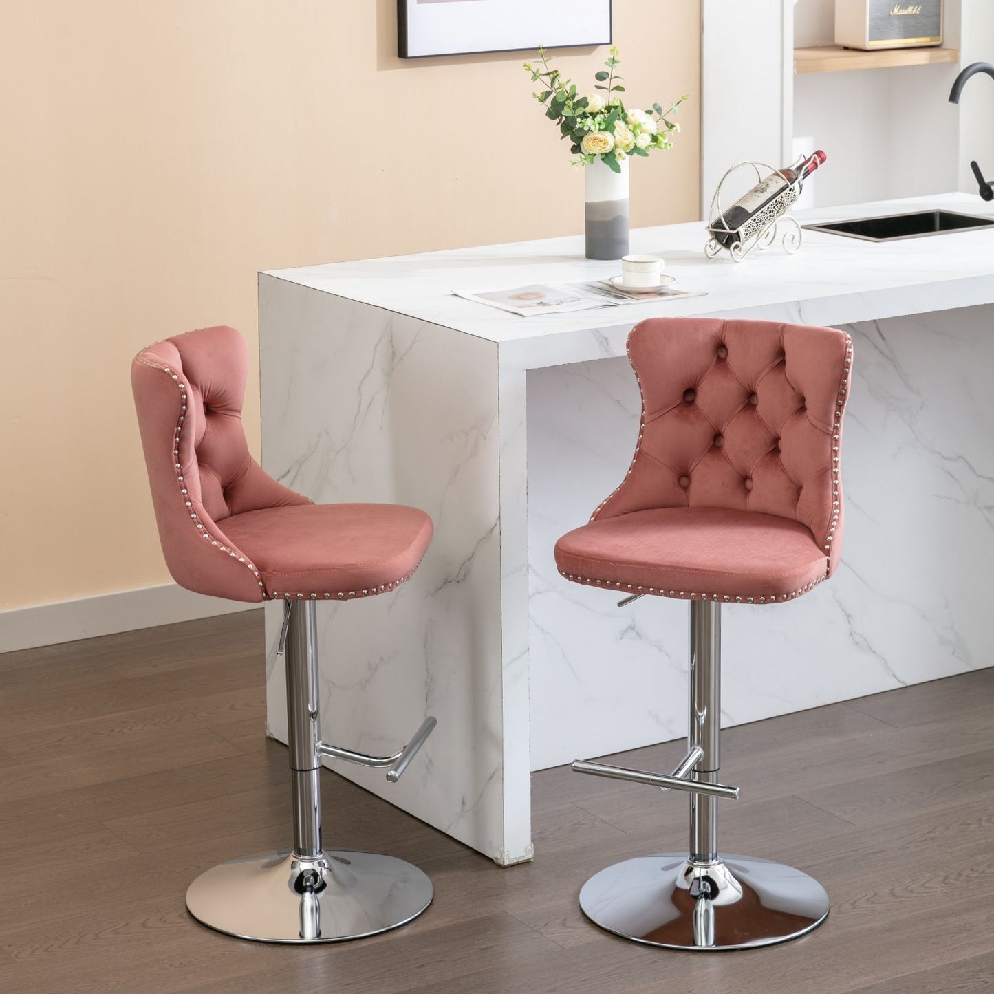 Swivel Velvet Barstools Adjusatble Seat Height From 25-33", Modern Upholstered Chrome Base Bar Stools With Backs Comfortable Tufted For Home Pub And Kitchen Island 1712Pk (Set of 2) - Pink