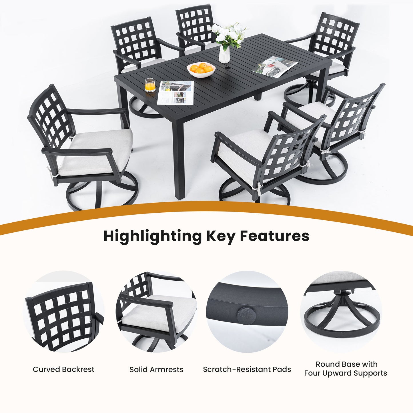 7 Pieces Modern Classic Outdoor Patio Dining Set, Rectangular Table & 6 Swivel Rock Dining Chairs, Rust Free, Weather Resistant - Ember Black