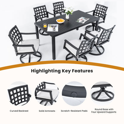7 Pieces Modern Classic Outdoor Patio Dining Set, Rectangular Table & 6 Swivel Rock Dining Chairs, Rust Free, Weather Resistant - Ember Black