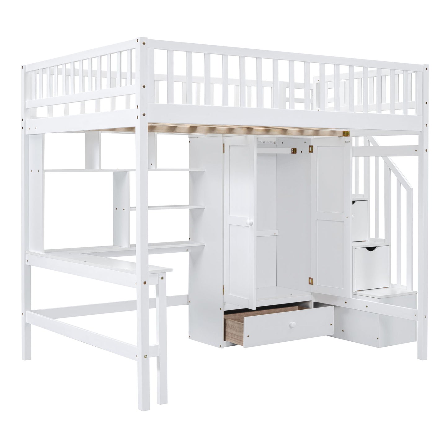 Full Size Loft Bed With Bookshelf, Drawers, Desk, And Wardrobe - White