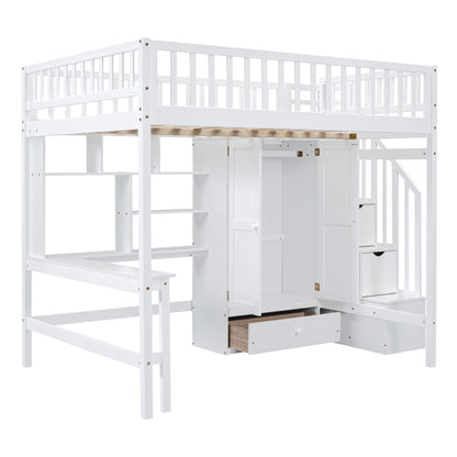 Full Size Loft Bed With Bookshelf, Drawers, Desk, And Wardrobe - White