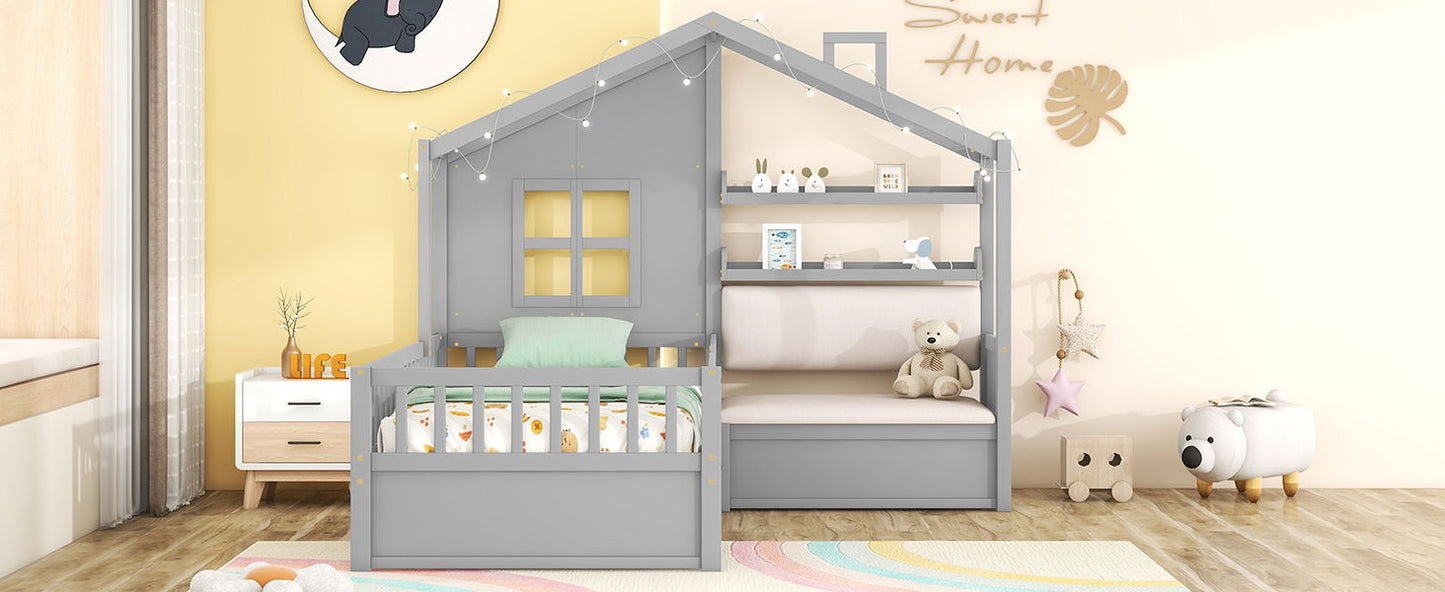 Twin Size House Bed With Sofa, Kids Platform Bed With 2 Drawers And Storage Shelf - Gray