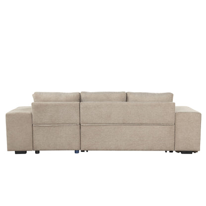 Modern L-Shape 3 Seat Reversible Sectional Couch, Pull Out Sleeper Sofa With Storage Chaise And 2 Stools For Living Room Furniture Set - Cream