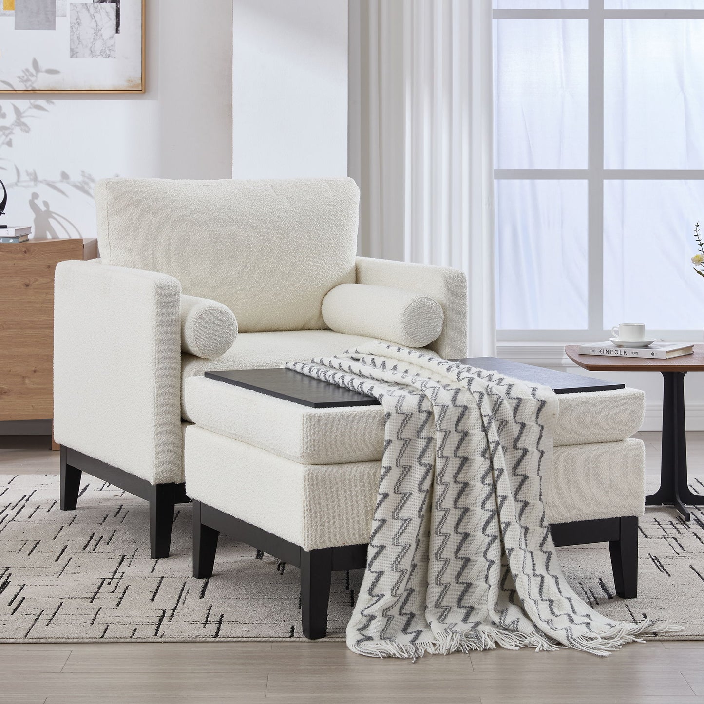 Farmhouse Upholstered Accent Chair With Ottoman, Wood Base, Reversible Lid Coffee Table For Living Room Or Office - Ivory