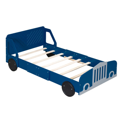 Twin Size Car Shaped Platform Bed With Wheels - Blue