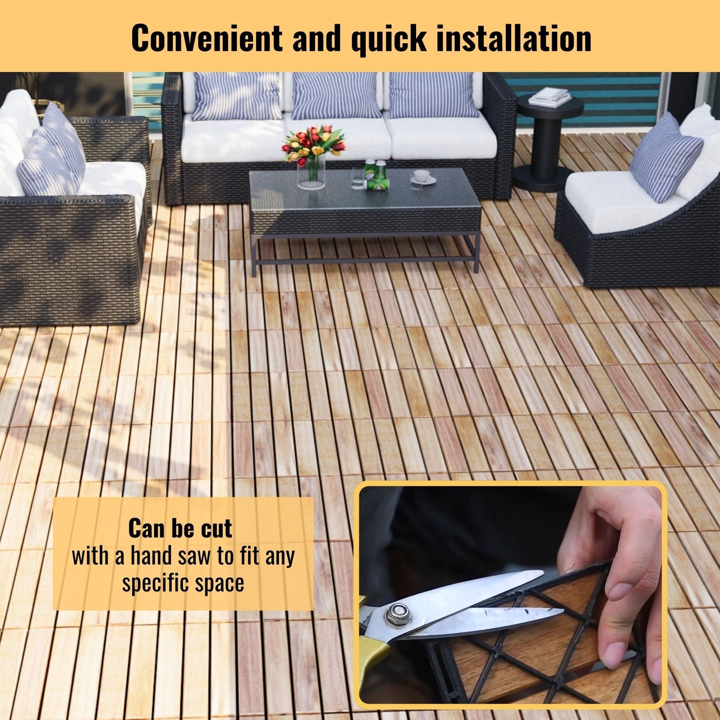 10 Piece Interlocking Deck Tiles Striped Pattern, Square Acacia Hardwood Outdoor Flooring For Patio, Bancony, Pool Side - Yellow