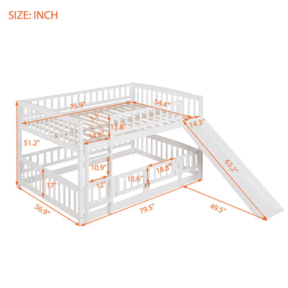 Full Over Full Low Bunk Bed With Slide, Fence And Ladder For Toddler - White