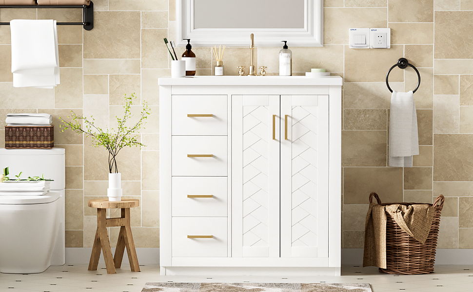 Bathroom Vanity With Ceramic Sink Combo, Frame Bathroom Storage Cabinet, Freestanding Vanity Set With 3 Drawers & Soft Closing Doors - White