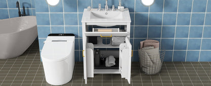 Bathroom Vanity Combo With Ceramic Sink, Luxurious Space-Saving Vanity, 2 Soft-Close Doors - Gold / White