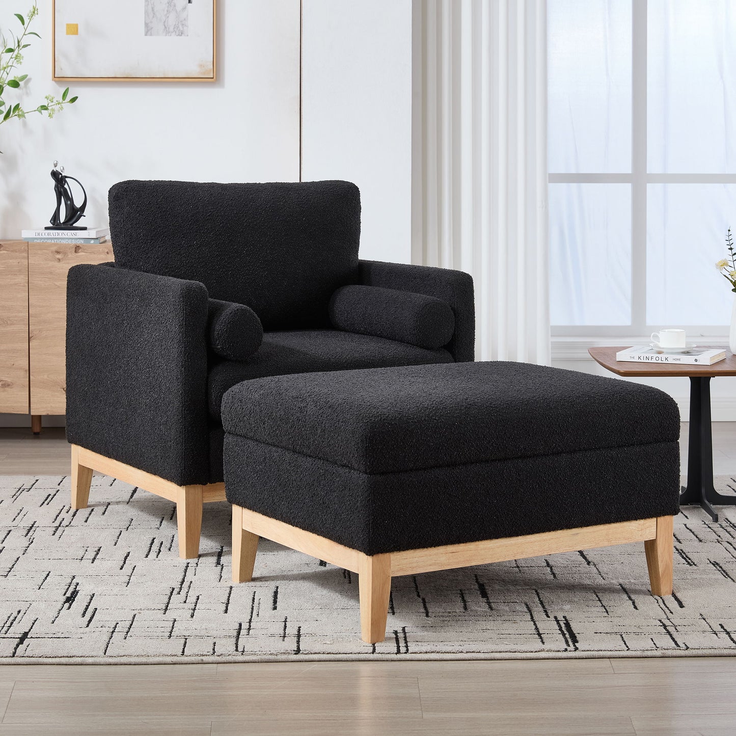 Farmhouse Upholstered Accent Chair With Ottoman Wood Base, Reversible Lid Coffee Table For Living Room - Black