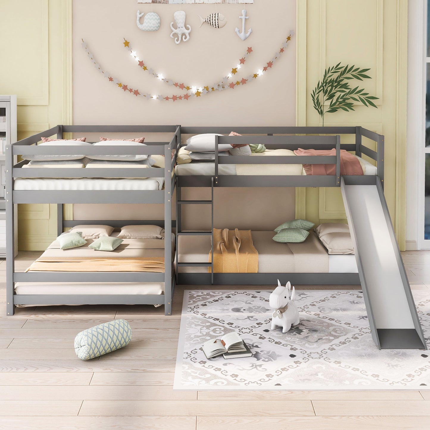 Full And Twin Size L-Shaped Bunk Bed With Slide And Short Ladder - Gray