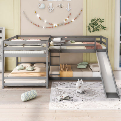 Full And Twin Size L-Shaped Bunk Bed With Slide And Short Ladder - Gray
