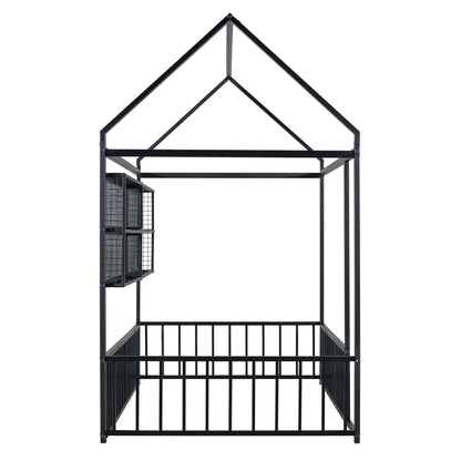 Twin Size Bed House Frame With Fence And Shelves - Black