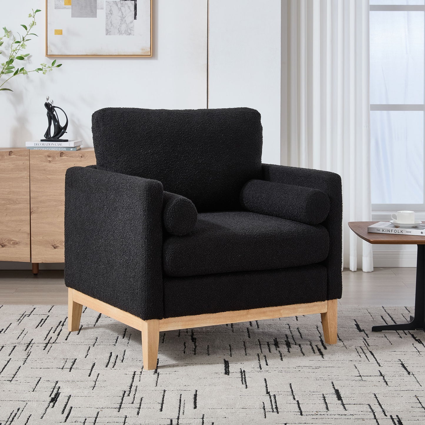 Wide Modern Farmhouse Performance Accent Chair With Natural Wood Legs, Wood Base Reading Armchair Single Sofa With 2 Bolster Pillows For Living Room Offices And Lounge - Black