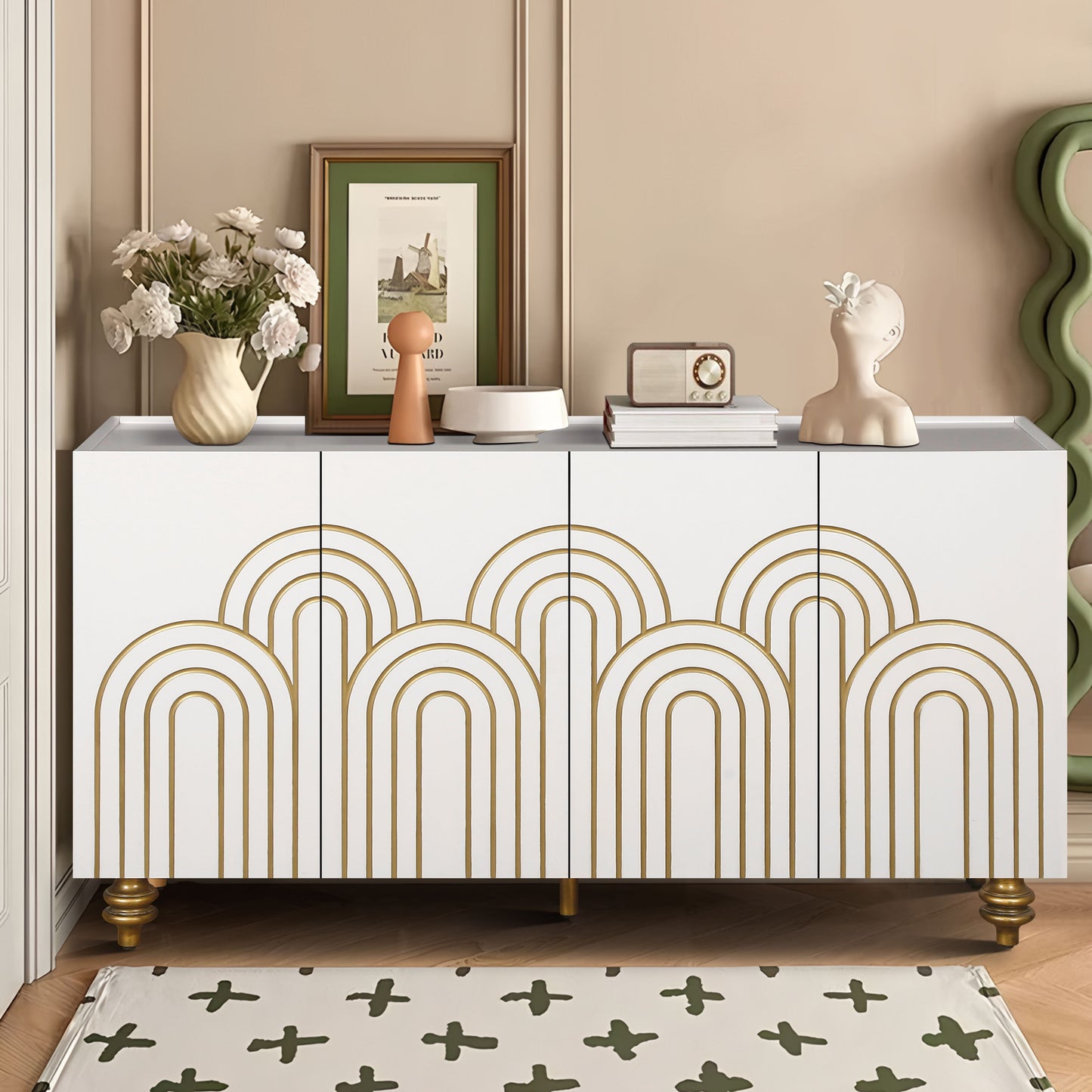 Modern Fluted Sideboard Buffet With Storage, Curve Element, 4 Doors With Adjustable Shelves - White