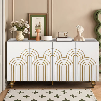 Modern Fluted Sideboard Buffet With Storage, Curve Element, 4 Doors With Adjustable Shelves - White