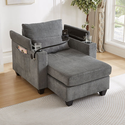 Convertible Chaise Lounge Sofa Chair Corduroy Sleeper With USB Ports, Cup Holders, Storage - Gray
