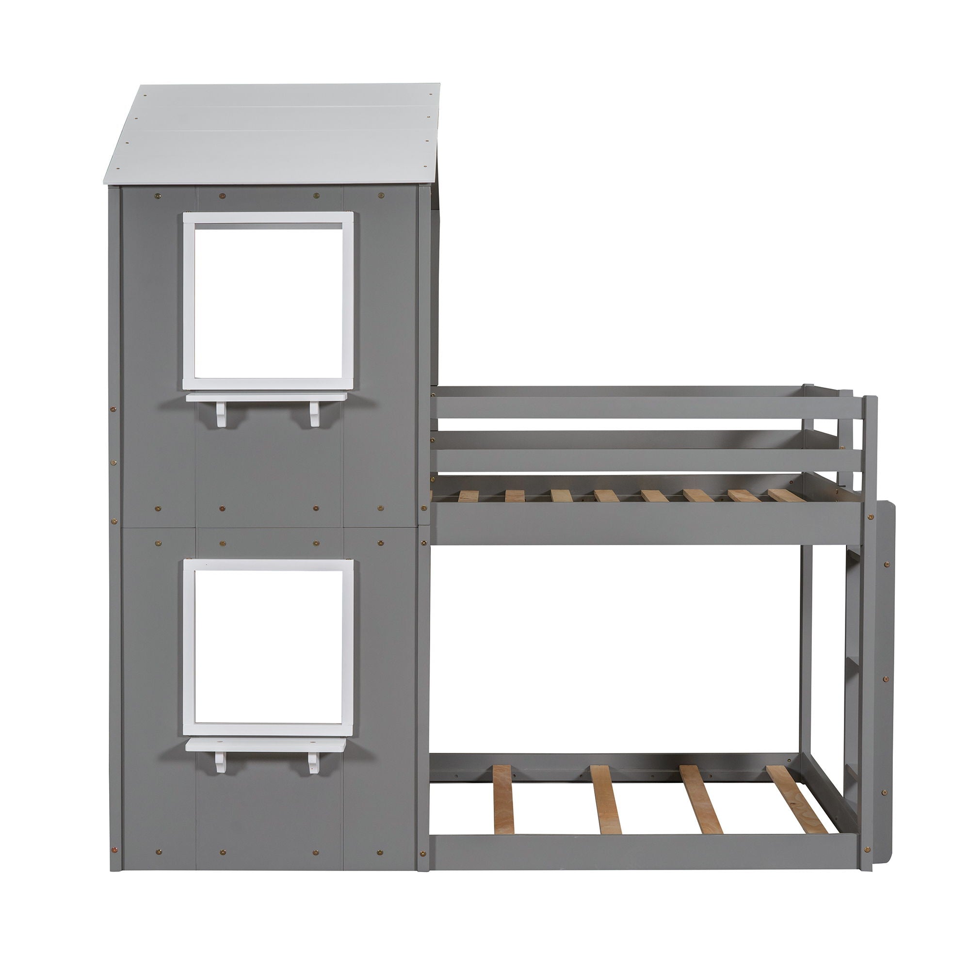 Twin Over Twin Bunk Bed With Roof, Window, Guardrail, Ladder - White