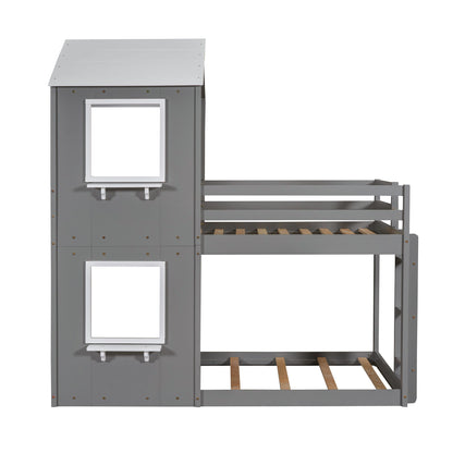 Twin Over Twin Bunk Bed With Roof, Window, Guardrail, Ladder - White