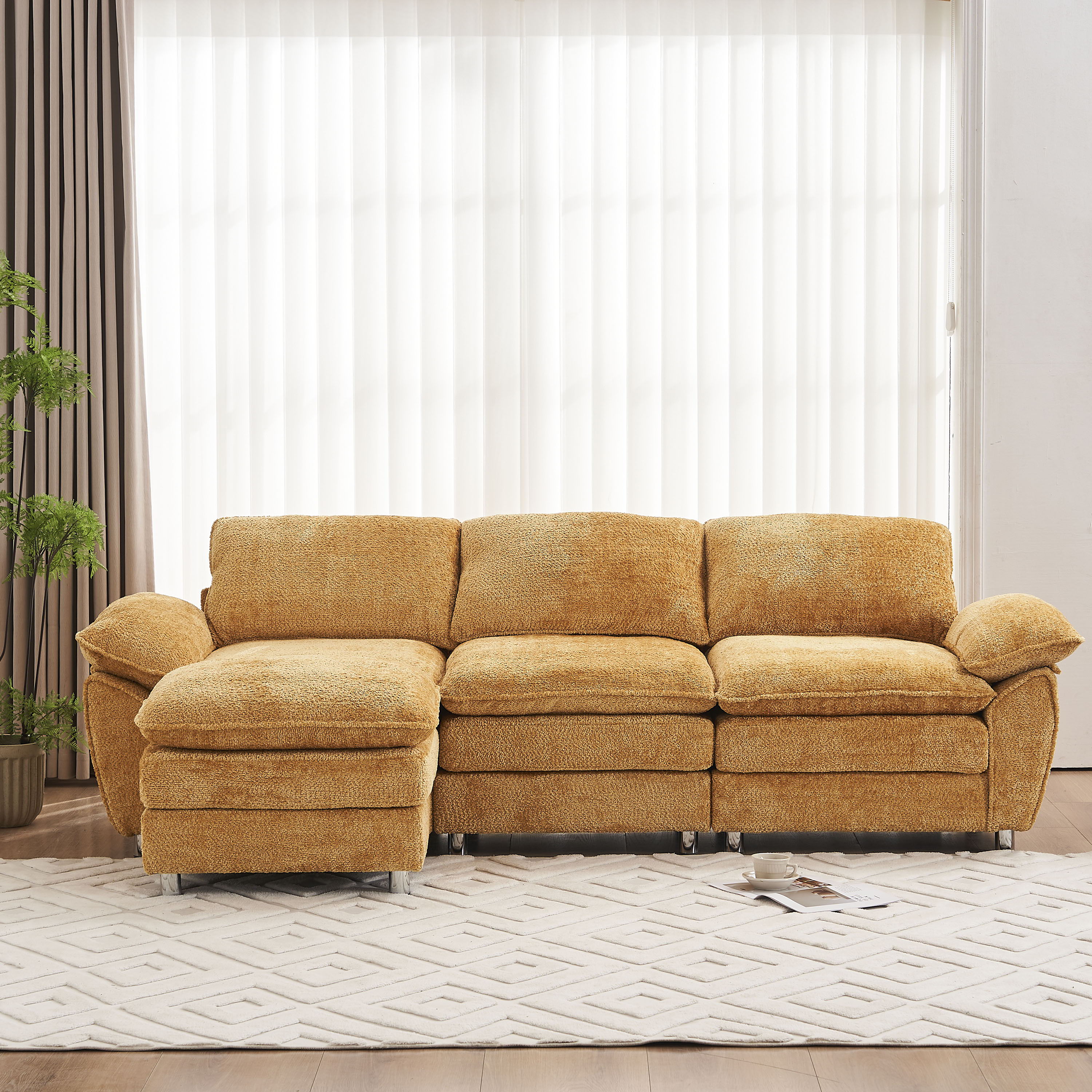 Modern Deep 3 Seat Sofa Couch With Ottoman, Polyester Sofa Sleeper Comfy Upholstered Furniture For Living Room - Yellow