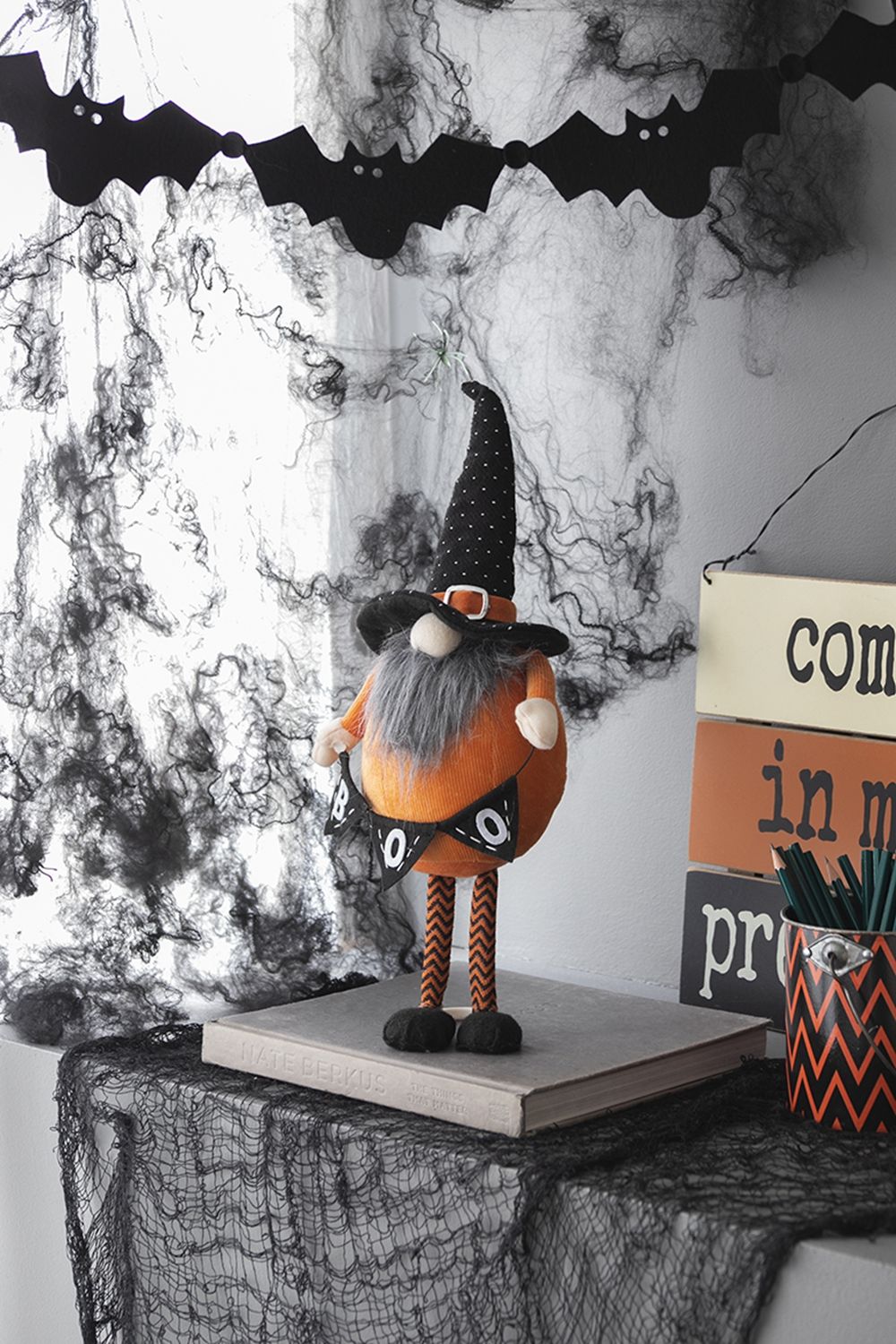 Standing Gnome With Gnome & Holding Banner, For Halloween Decor - Black / Orange / White