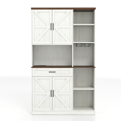 Farmhouse Kitchen Pantry Sideboard With Cabinet And Drawer, Multi Functional Kitchen Buffet With Hutch And Glass Holder, Microwave Stand With Charging Station - Brown / Antique White