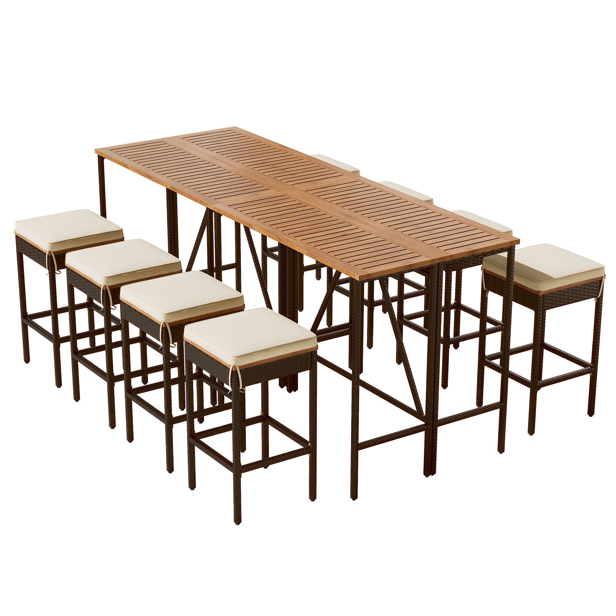 10 Piece Outdoor Acacia Wood Bar Height Table And 8 Stools With Cushions, Garden Wicker Dining Table, Foldable Tabletop, High Dining Bistro Set, All-Weather Patio Furniture - Brown
