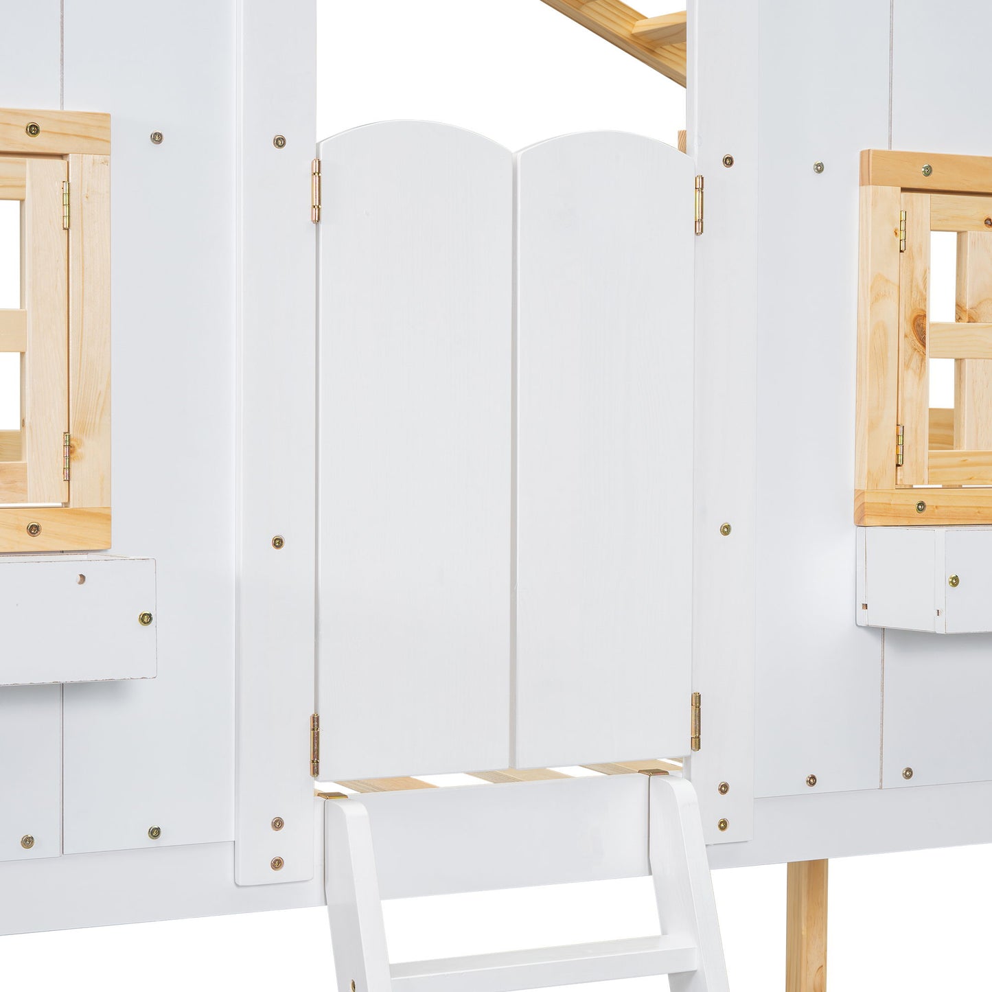 Twin Over Twin House Bunk Bed With Roof, Window, Window Box, Door, With Safety Guardrails And Ladder - Natural / White