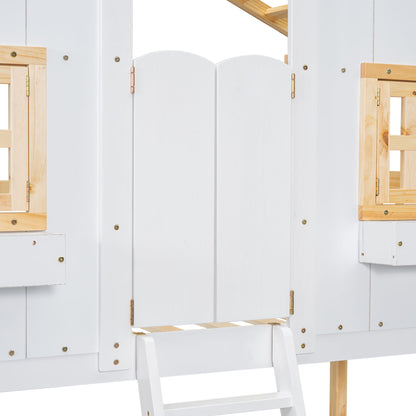 Twin Over Twin House Bunk Bed With Roof, Window, Window Box, Door, With Safety Guardrails And Ladder - Natural / White